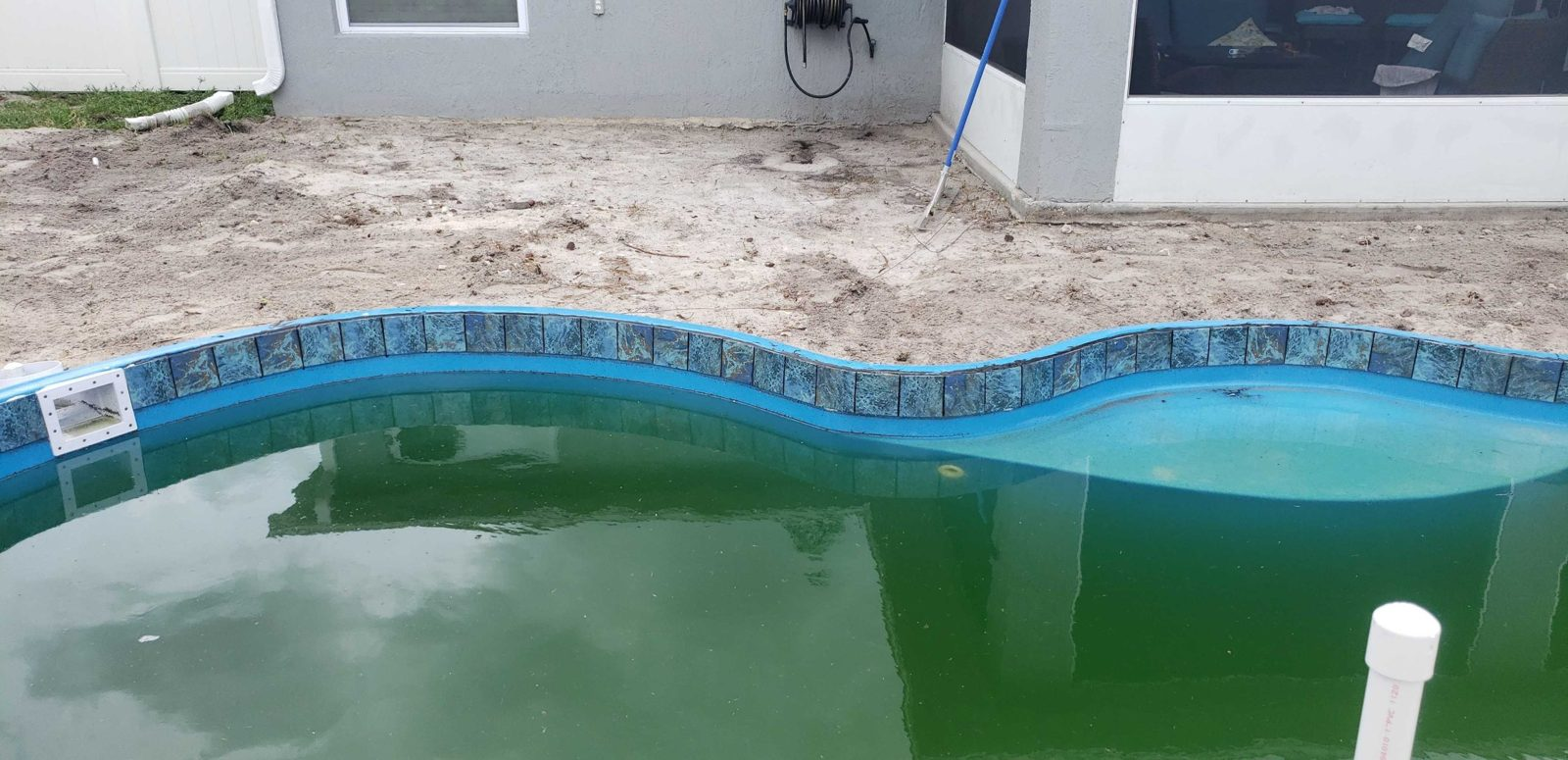 Blue porcelain waterline tile on a fiberglass pool